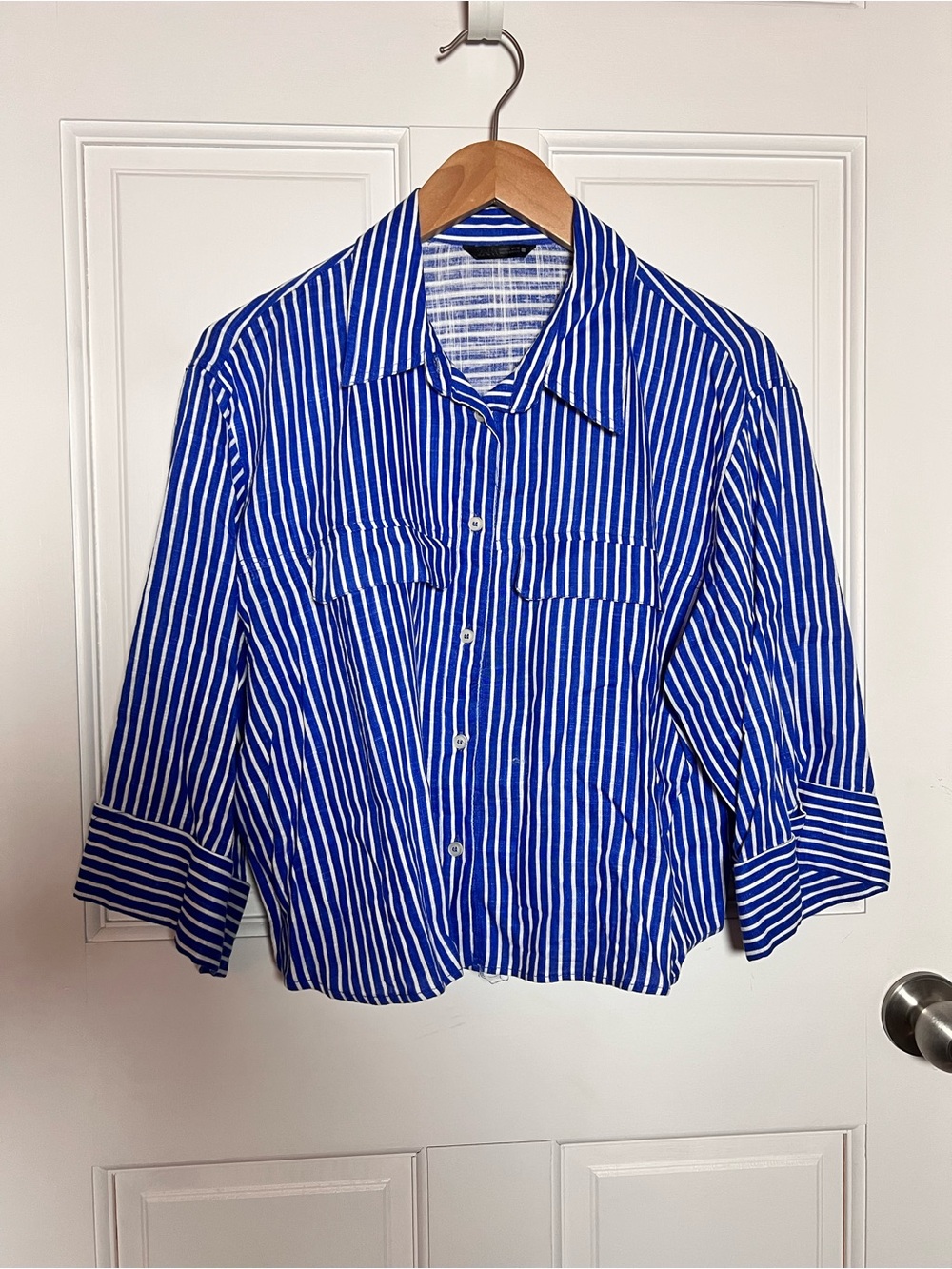 Zara Royal Blue and White Striped Button-Down Shirt